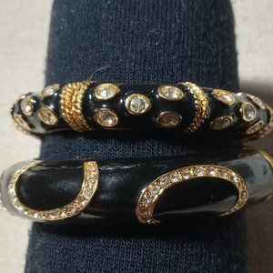 Graziano Signed Black Emamel Rhinestone Hinged Bangles